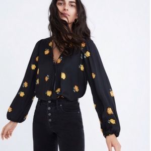 Madewell black blouse with yellow floral print